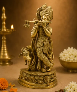 Brass Cow Krishna Playing Flute